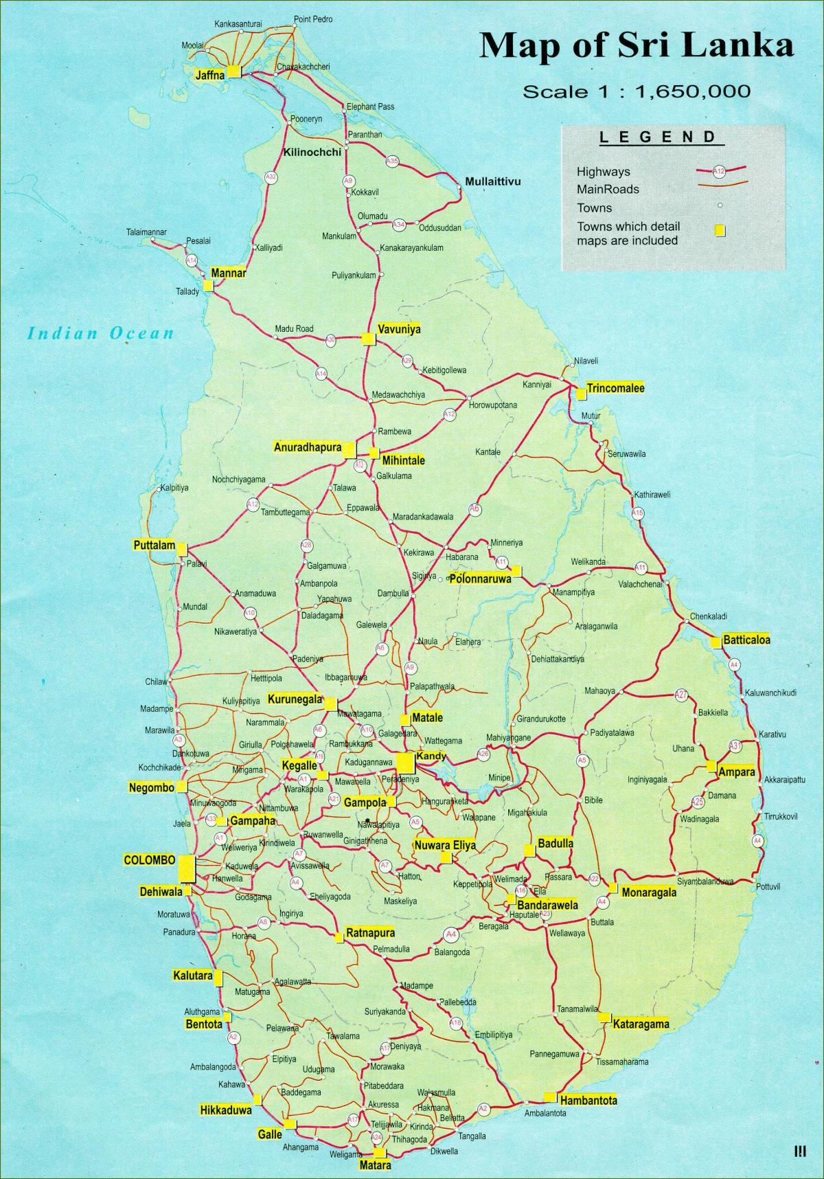 map of tourist map of Sri Lanka with road