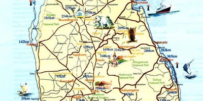 Tourist map of Sri Lanka with cities